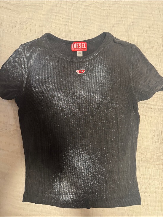 Diesel Tops - Diesel Black Glitter Short Sleeve Crop Top with Red Logo